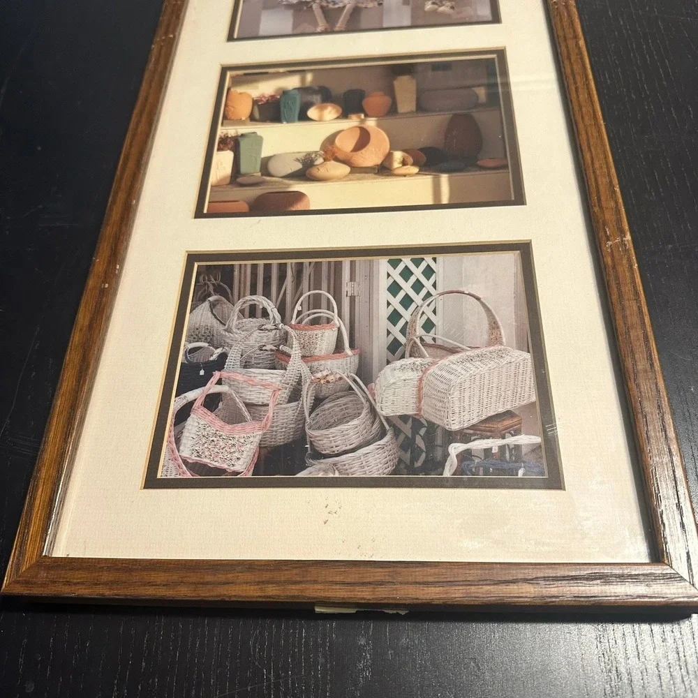 Vintage Triptych Framed Art Pottery Baskets Cat Dolls Wood Frame Wall Decor